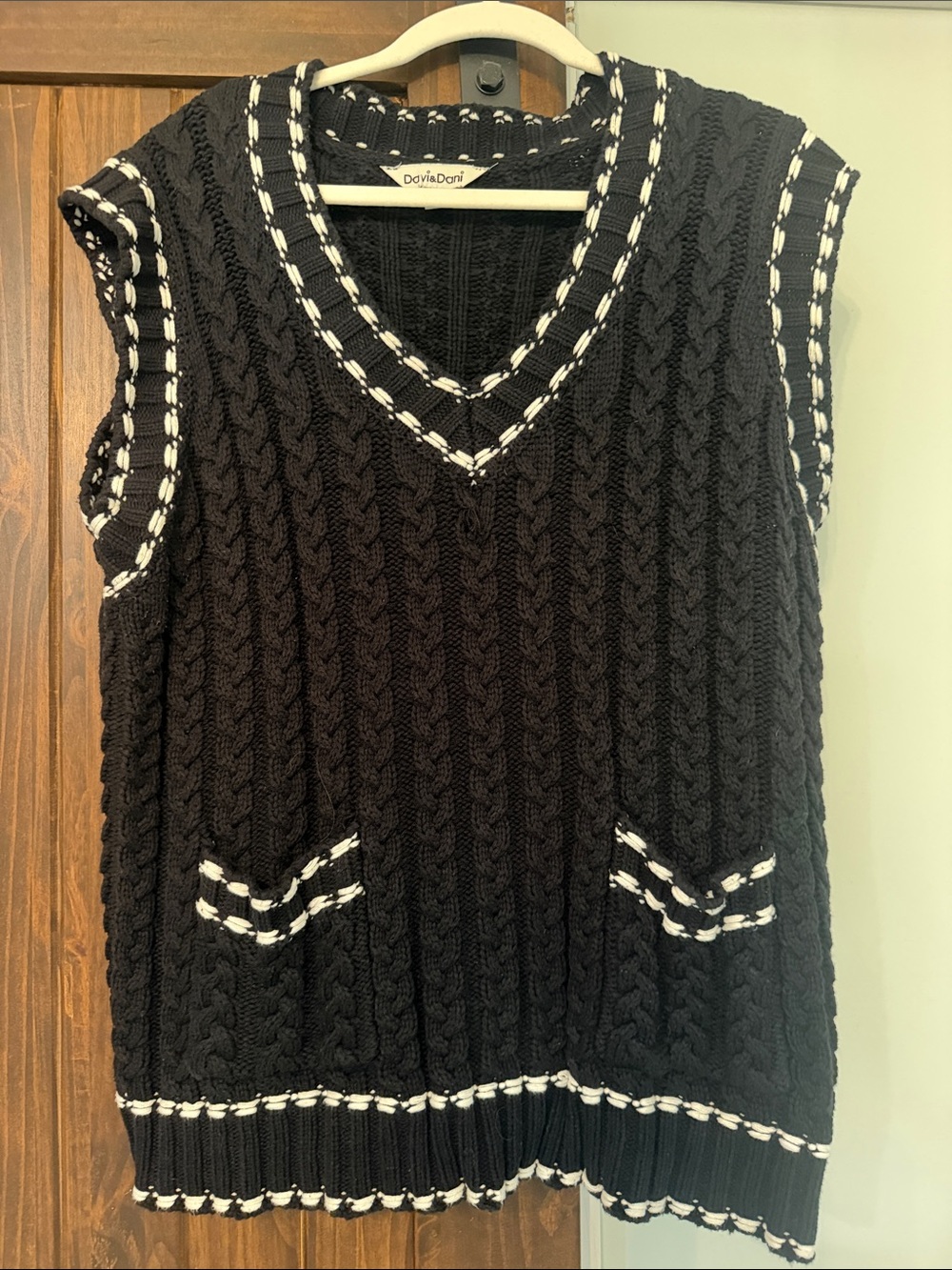 DAVI & DANI Black V-Neck Cable Knit Sweater Vest with White Trim